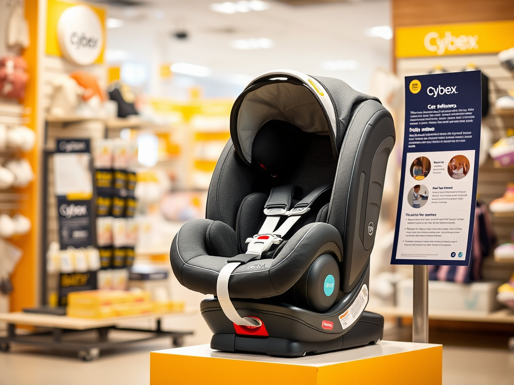 Детское автокресло Cybex выставлено в магазине, на фоне представлены товары для детей.